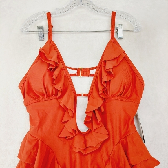 Red Ruffle Side Cut Out One Piece Strappy Swimsuits 792 - Picture 3 of 6